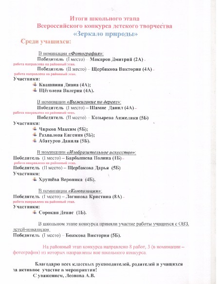 Итоги школьного этапа Всероссийского конкурса "Зеркало природы"